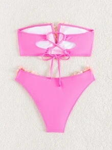 Appliques Bandeau Bikini Set For Summer Beach - Hot Pink - View 6