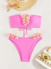 Appliques Bandeau Bikini Set For Summer Beach - Hot Pink - View 7