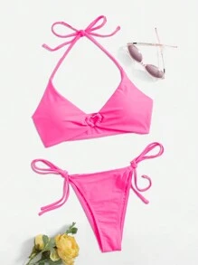 Sweetness Solid Halter Tie Side Bikini Set For Summer Beach