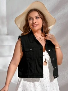 Hơn Túi có nắp Xén Thô Áo khoác Denim Vest - màu đen - Xem 5