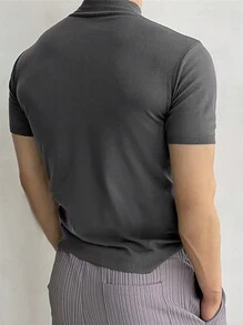 男士素色小高領針織上衣 - 灰色 - 查看 2