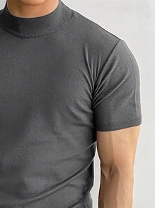 男士素色小高領針織上衣 - 灰色 - 查看 3