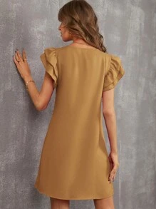SHEIN LUNE Solid Ruffle Trimed Tunic Dress - Khaki - View 2