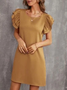 SHEIN LUNE Solid Ruffle Trimed Tunic Dress - Khaki - View 3