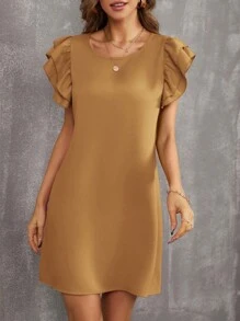 SHEIN LUNE Solid Ruffle Trimed Tunic Dress - Khaki - View 4