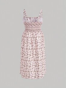 SHEIN MOD Đầm Plus Size Tách cao Dải chun Thắt nơ trước Nếp gấp Phần Ngực Họa tiết hoa Boho - Màu Hồng baby - Xem 2