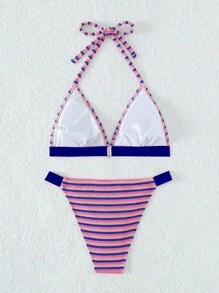 Striped Halter Triangle Bikini Set For Summer Beach - Blue - View 4
