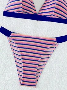 Striped Halter Triangle Bikini Set For Summer Beach - Blue - View 5