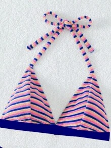 Striped Halter Triangle Bikini Set For Summer Beach - Blue - View 6