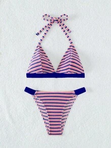 Striped Halter Triangle Bikini Set For Summer Beach - Blue - View 7