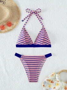 Striped Halter Triangle Bikini Set For Summer Beach - Blue - View 8