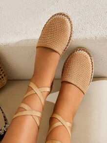 Styleloop 度假繫帶平底鞋水鑽裝飾腿部繫帶設計編織平底鞋 - 杏色 - 查看 6