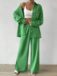 SHEIN Essnce Slogan Graphic Drop Shoulder Shirt & Wide Leg Trousers - Green - View 1