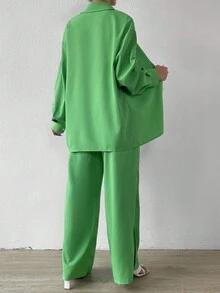 SHEIN Essnce Slogan Graphic Drop Shoulder Shirt & Wide Leg Trousers - Green - View 2