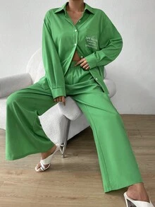 SHEIN Essnce Slogan Graphic Drop Shoulder Shirt & Wide Leg Trousers - Green - View 3