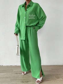 SHEIN Essnce Slogan Graphic Drop Shoulder Shirt & Wide Leg Trousers - Green - View 4