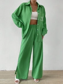 SHEIN Essnce Slogan Graphic Drop Shoulder Shirt & Wide Leg Trousers - Green - View 5