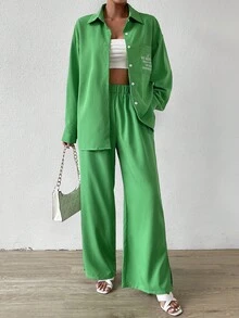SHEIN Essnce Slogan Graphic Drop Shoulder Shirt & Wide Leg Trousers - Green - View 6