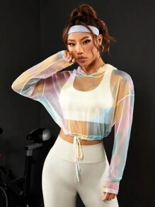 Gameset SHEIN Sport Ombre Drawstring Hem Drop Shoulder Crop Sports Sweatshirt Without Bra Cropped Sweatshirt Fall Sweatshirts - Multicolor - View 4