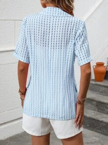 SHEIN LUNE In sọc Nút đơn Áo vest - Màu xanh nhạt - Xem 2