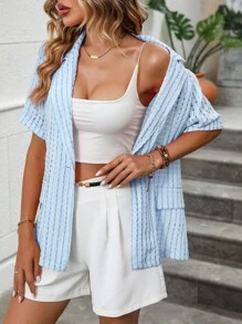 SHEIN LUNE In sọc Nút đơn Áo vest - Màu xanh nhạt - Xem 4