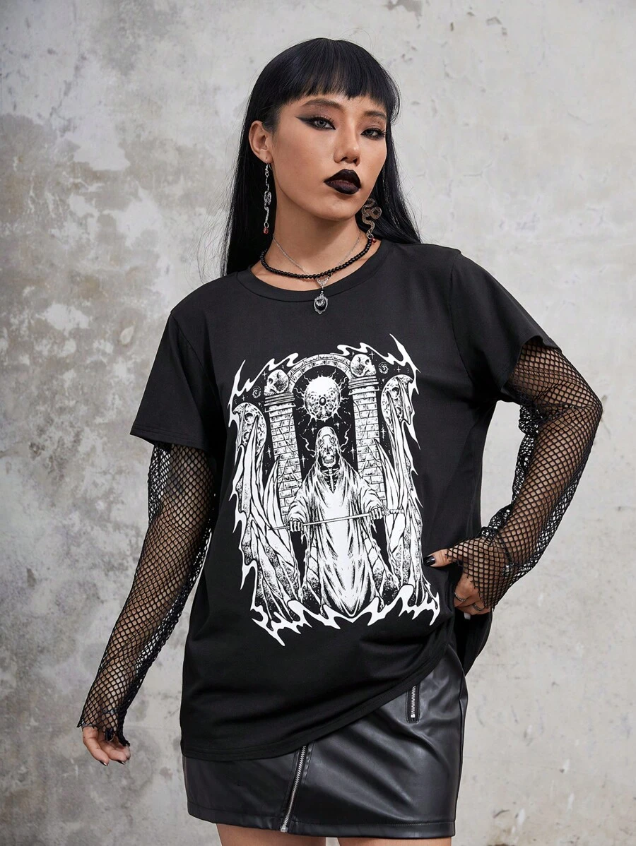 IamYouth Đồ họa Hình Tương phản Fishnet Áo thun - màu đen - Xem 1