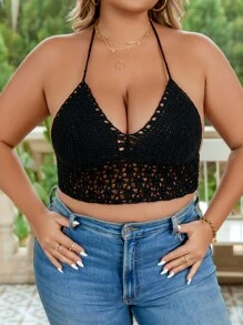Dreamara Top de punto con abertura de espalda abierta con cordón halter - Negro - Ver 3