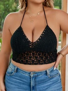 Dreamara Top de punto con abertura de espalda abierta con cordón halter - Negro - Ver 4