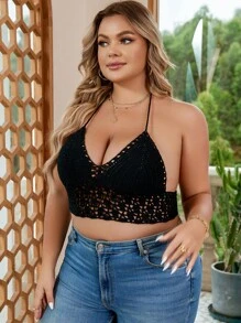 Dreamara Top de punto con abertura de espalda abierta con cordón halter - Negro - Ver 1