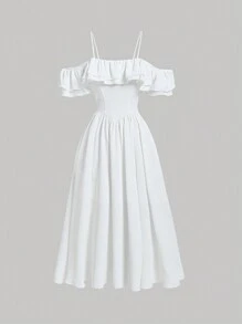 SHEIN MOD Đầm Xù phân lớp Dây kéo màu trơn Boho - trắng - Xem 1
