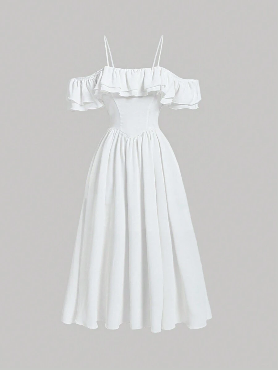 SHEIN MOD Đầm Xù phân lớp Dây kéo màu trơn Boho - trắng - Xem 1