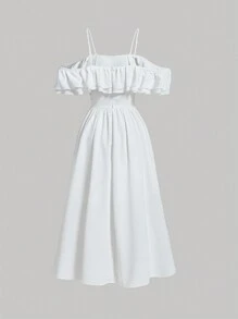 SHEIN MOD Đầm Xù phân lớp Dây kéo màu trơn Boho - trắng - Xem 6