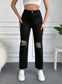EURMUSE Solid Ripped Straight Leg Jeans - Black - View 1