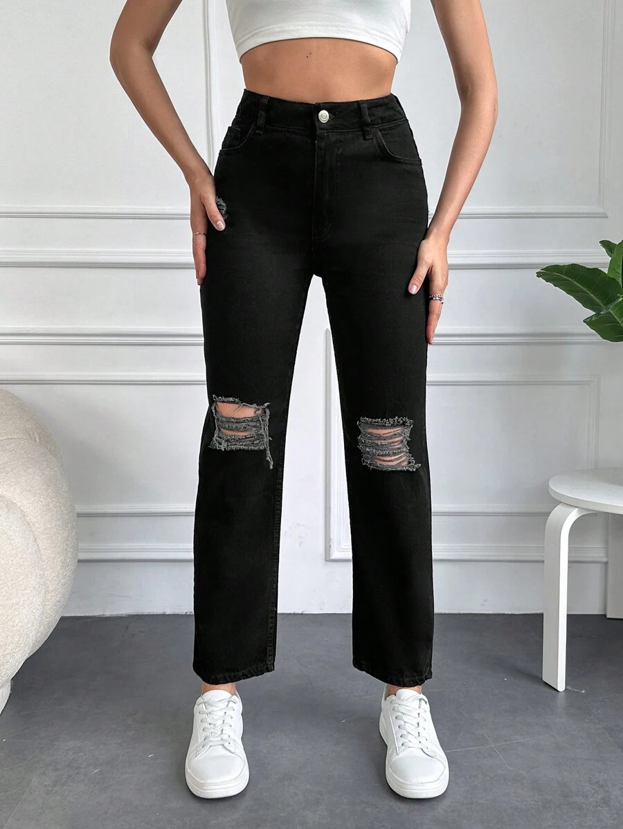 EURMUSE Solid Ripped Straight Leg Jeans - Black - View 1