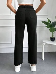 EURMUSE Solid Ripped Straight Leg Jeans - Black - View 2