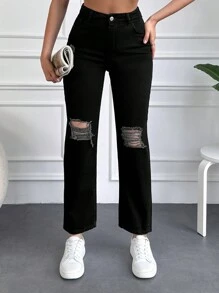 EURMUSE Solid Ripped Straight Leg Jeans - Black - View 3