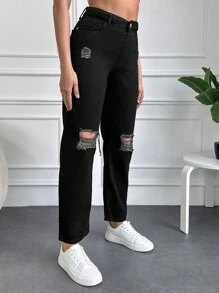 EURMUSE Solid Ripped Straight Leg Jeans - Black - View 4