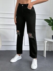 EURMUSE Solid Ripped Straight Leg Jeans - Black - View 5