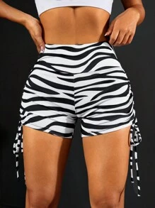 Gameset SHEIN Sport Quần Shorts Thể thao Nữ Dây kéo Xù Sọc ngựa vằn - Đen và trắng - Xem 3