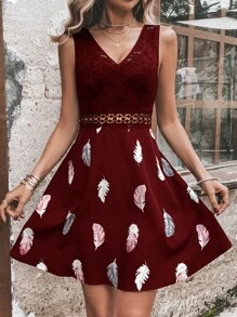 SHEIN LUNE In lông Ren tương phản Không lưng Đầm - Màu Đỏ Sâu - Xem 2