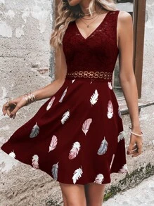 SHEIN LUNE In lông Ren tương phản Không lưng Đầm - Màu Đỏ Sâu - Xem 3