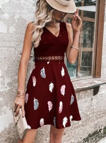 SHEIN LUNE In lông Ren tương phản Không lưng Đầm - Màu Đỏ Sâu - Xem 5