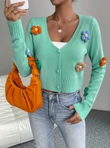 SHEIN Qutie Nữ Cardigans Đề can Đắp vá Nút phía trước Hoa Giải trí - Màu xanh bạc hà - Xem 3