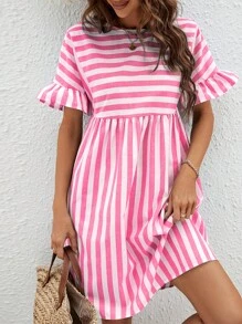 SHEIN VCAY Đầm Xù Sọc Dễ thương - Hồng - Xem 1