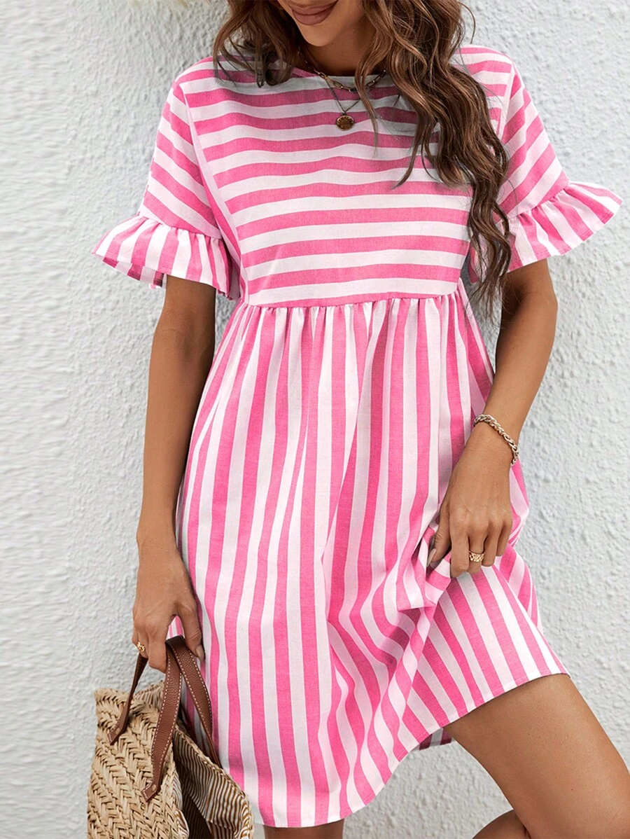 SHEIN VCAY Đầm Xù Sọc Dễ thương - Hồng - Xem 1