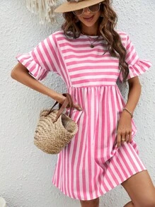 SHEIN VCAY Đầm Xù Sọc Dễ thương - Hồng - Xem 3