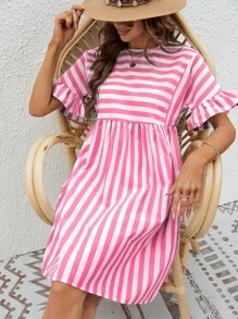 SHEIN VCAY Đầm Xù Sọc Dễ thương - Hồng - Xem 4