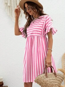 SHEIN VCAY Đầm Xù Sọc Dễ thương - Hồng - Xem 5