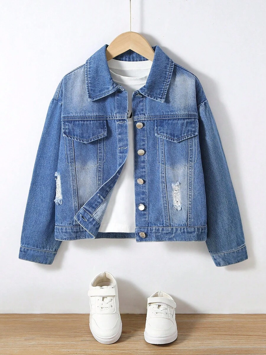 男孩漂白水洗破洞翻蓋口袋牛仔夾克不帶T恤 - 中等水洗藍 - 查看 1