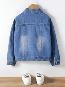 男孩漂白水洗破洞翻蓋口袋牛仔夾克不帶T恤 - 中等水洗藍 - 查看 2
